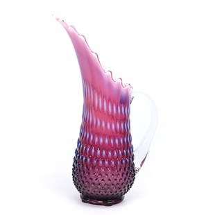 Pitcher, Fenton Plum Opalescent Hobnail: Pitcher, Fenton Plum Opalescent Hobnail, 13.5" x 8", Tusk Shaped, Clear Applied Handle, Kansas Private Collection.