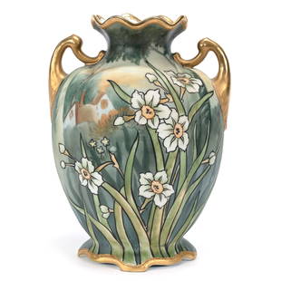 Vase, Two Handles, Marked Nippon: Vase, Two Handles, Marked Nippon, 8.25" x 6", Daffodil Decor, Gold Trim Highlights, Kansas Private Collection.