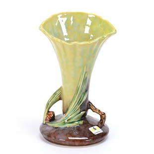 Vase Marked Roseville #283-8" Art Pottery: Vase Marked Roseville #283-8" Art Pottery, 8.25" x 5", Green And Brown Tones, Gloss Finish, Pinecone Decor, Kansas Private Collection.