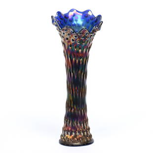 Funeral Vase, Carnival Glass, Rustic By Fenton: Funeral Vase, Carnival Glass, Rustic By Fenton, 19" x 7.5", Blue, Base Diameter Of 5", Kansas Private Collection.