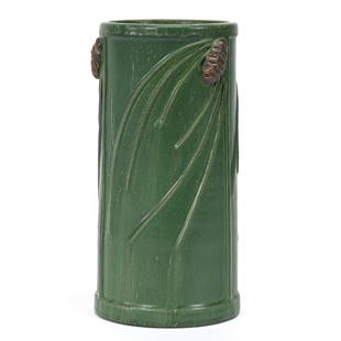 Cylinder Vase Marked Ephraim Pottery: Cylinder Vase Marked Ephraim Pottery, 8.5" x 4", Pinecone Design, Green Glaze Finish, Kansas Private Collection.