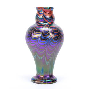 Vase, Contemporary Art Glass: Vase, Contemporary Art Glass, 7" x 3.75", Blue Iridescence With Red, Blue And Green Pulled Web Design, Fake "LCT" Mark, Kansas Private Collection.