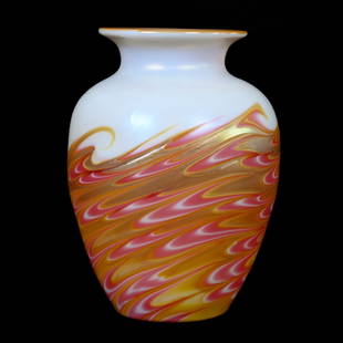 Vase, Contemporary Art Glass: Vase, Contemporary Art Glass, 6.75" x 5", White, Pink And Gold Iridescent Swirl Design, Kansas Private Collection.