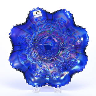 Bowl, Carnival Glass, Good Luck By Northwood: Bowl, Carnival Glass, Good Luck By Northwood, 8.75", Blue, Stippled, Ribbed Exterior, Kansas Private Collection.