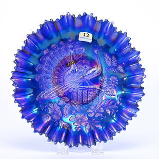 Bowl, Carnival Glass, Northwood Peacocks: Bowl, Carnival Glass, Northwood Peacocks, 8.75", Blue, Piecrust Edge, Ribbed Exterior, Kansas Private Collection.