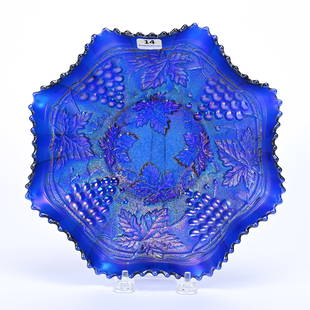 Bowl, Carnival Glass, Grape & Cable By Northwood: Bowl, Carnival Glass, Grape & Cable By Northwood, 9.75", Blue, Stippled, Ribbed Exterior, Kansas Private Collection.