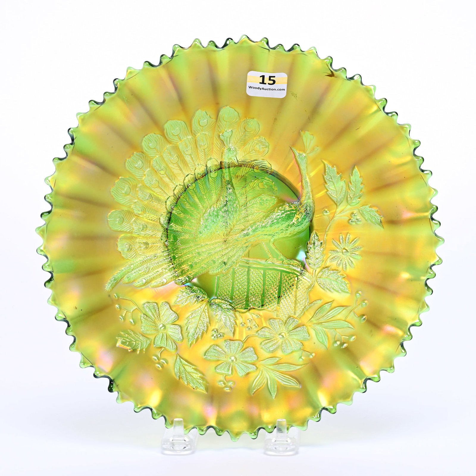 Bowl, Carnival Glass, Northwood Peacocks: Bowl, Carnival Glass, Northwood Peacocks, 8.75", Green, Ribbed Exterior, Kansas Private Collection.