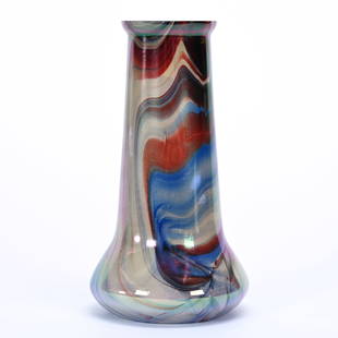 Vase, Art Glass Attributed To Rindskopf, Circa 1905: Vase, Art Glass Attributed To Rindskopf, Circa 1905, 10" x 5.5", Red, White, Blue Swirl Design, Kansas Private Collection.