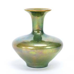 Vase Marked Zsolnay Art Pottery: Vase Marked Zsolnay Art Pottery, 5" x 4.5", Green Iridescent Body, Kansas Private Collection.