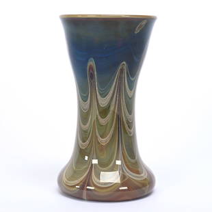 Vase, Contemporary Art Glass Signed Robert Spielholz: Vase, Contemporary Art Glass Signed Robert Spielholz, 8.75" x 4.75", Dated 1975, Dark Ruby Glass With Blue, Green And White Pulled Drape Design, Kansas Private Collection.