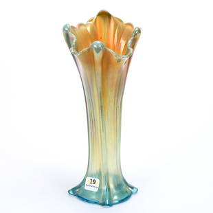 Vase, Carnival Glass, Four Pillars By Northwood: Vase, Carnival Glass, Four Pillars By Northwood, 9.75" x 4.5", Aqua Opalescent, Base Diameter Of 3.125", Chip On One Foot Scallop, Kansas Private Collection.