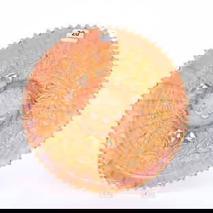 Plate, Carnival Glass, Three Fruits By Northwood: Plate, Carnival Glass, Three Fruits By Northwood, 9", Pale Amethyst, Stippled, Ribbed Exterior, Nice Iridescence, Kansas Private Collection.