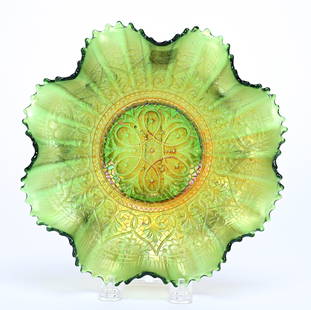 Bowl, Carnival Glass, Hearts & Flowers By Northwood: Bowl, Carnival Glass, Hearts & Flowers By Northwood, 8.75", Green, Ribbed Exterior, Chip On Point, Kansas Private Collection.