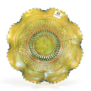 Bowl, Carnival Glass, Greek Key By Northwood: Bowl, Carnival Glass, Greek Key By Northwood, 8.75", Green, Basketweave Exterior, Kansas Private Collection.