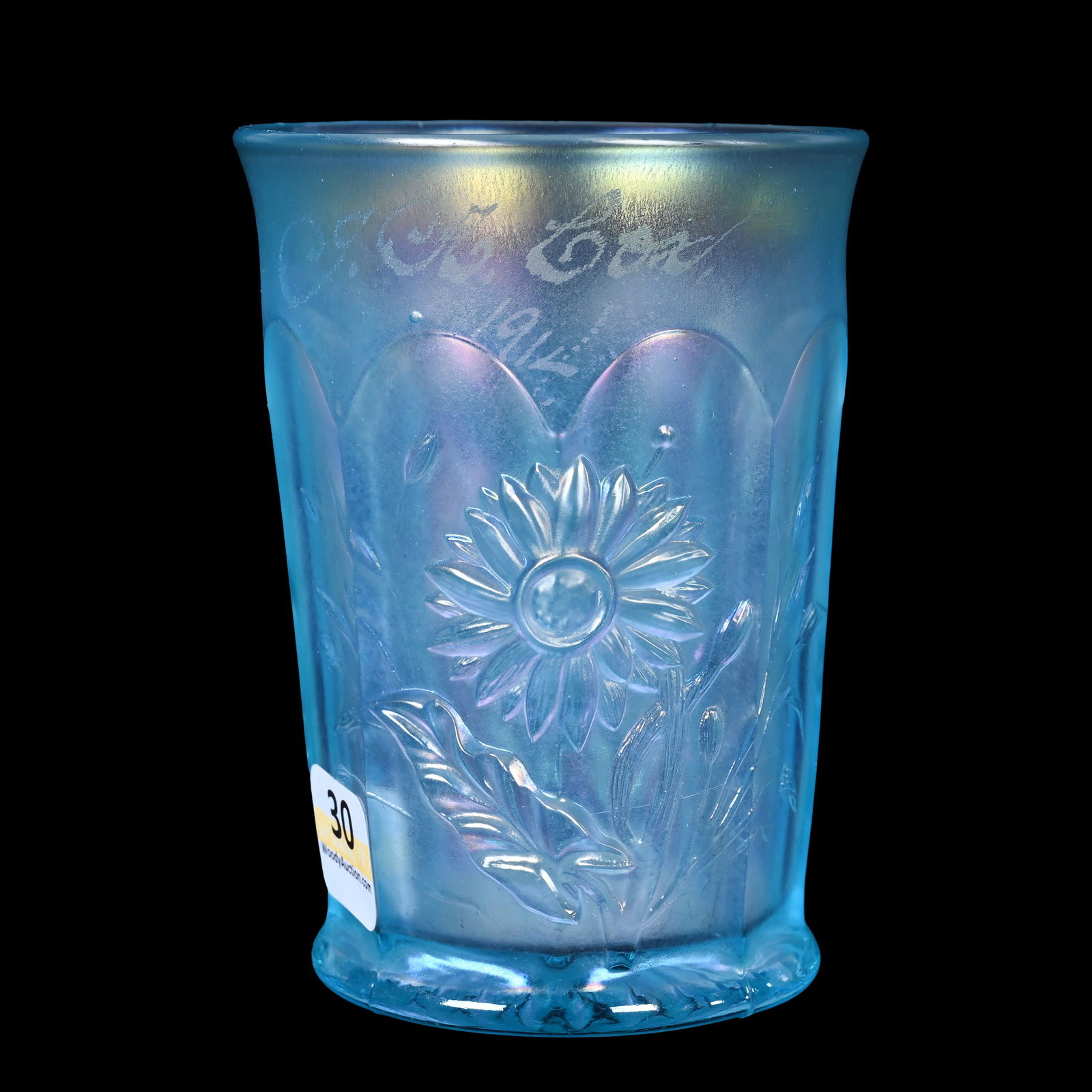 Tumbler, Carnival Glass, Dandelion By Northwood: Tumbler, Carnival Glass, Dandelion By Northwood, 4.25" x 3", Ice Blue, Engraved Name, Dated 1912, Light Rim Nicks, Kansas Private Collection.