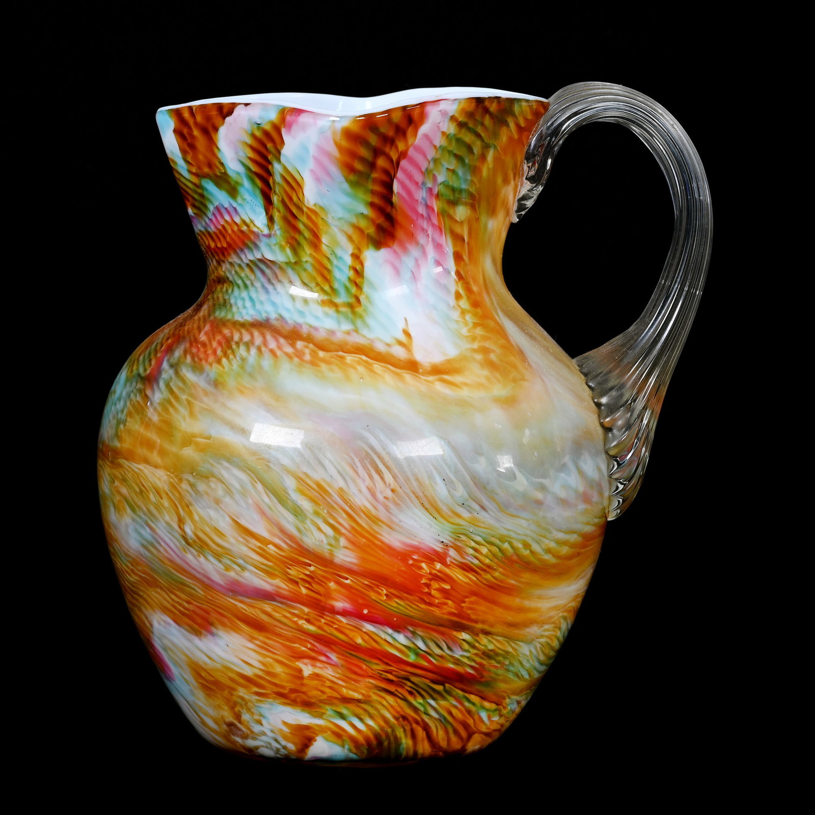 Water Pitcher, Cased Rainbow & Mottled Brown: Water Pitcher, Cased Rainbow & Mottled Brown, 8.25" x 7.25", Square Top, Clear Applied Ribbed Handle, Polished Pontil Base, White Interior, Kansas Private Collection.