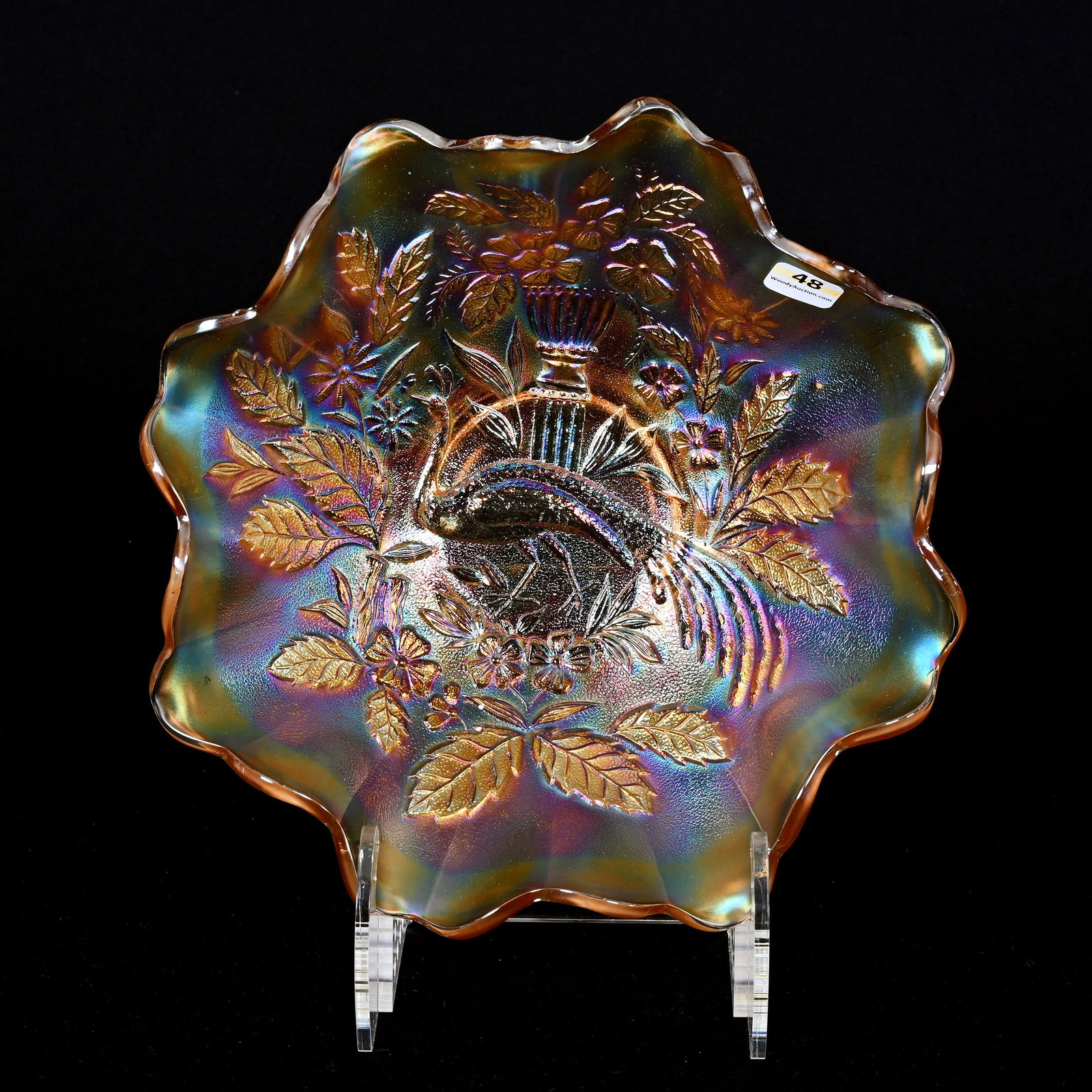 Bowl, Carnival Glass, Peacock At Urn By Millersburg: Bowl, Carnival Glass, Peacock At Urn By Millersburg, 10", Pastel Marigold, Stippled, Ruffled, Kansas Private Collection.