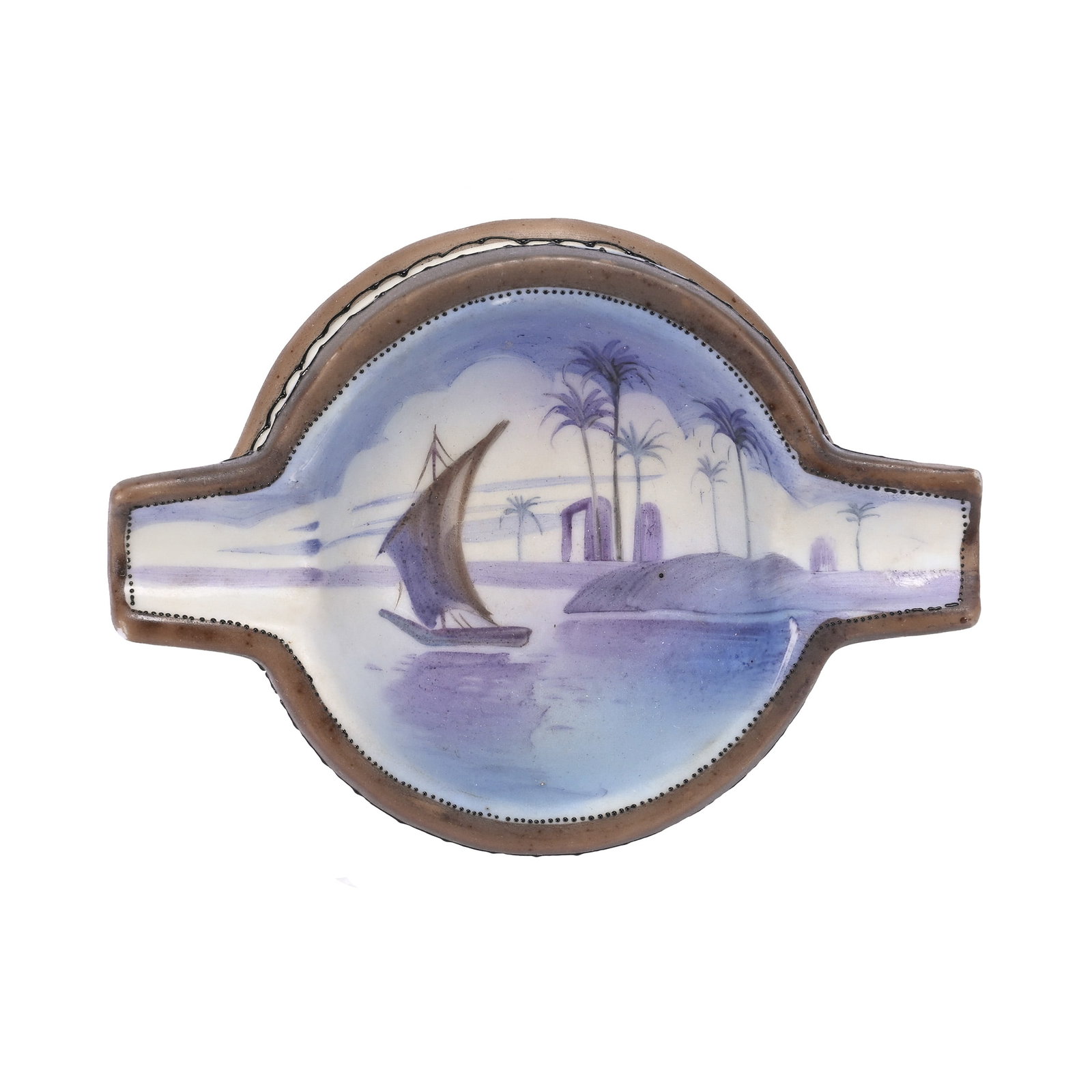 Ash Tray Marked Nippon: Ash Tray Marked Nippon, 4.75" x 3.25", Night Egyptian Sailboat Scenic Decor, Kansas Private Collection.
