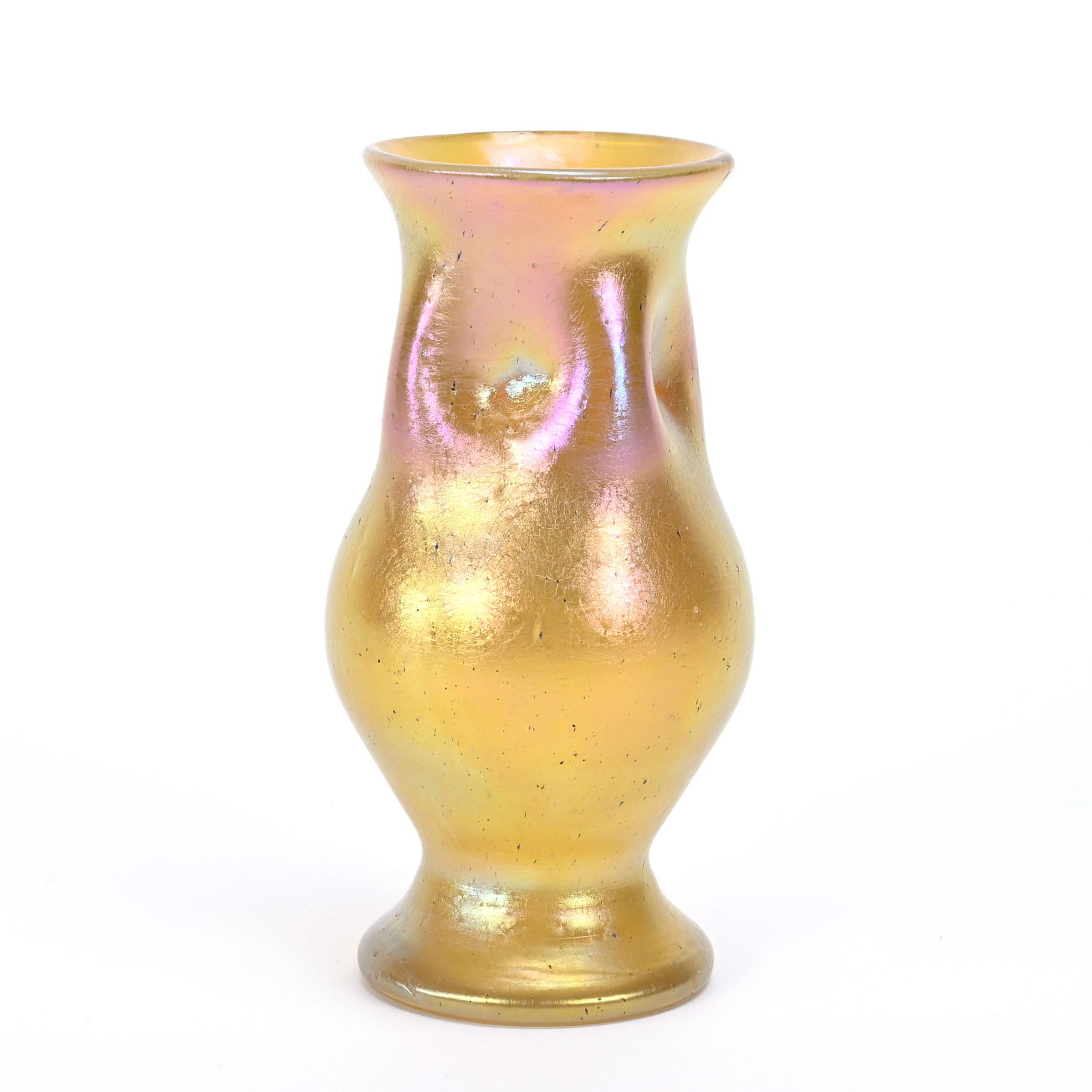Vase, Unmarked Loetz Style Art Glass: Vase, Unmarked Loetz Style Art Glass, 4.5" x 2.5", Four Dimpled Sides, Gold Iridescent, Polished Pontil Base, Fake LCT Mark, Kansas Private Collection.