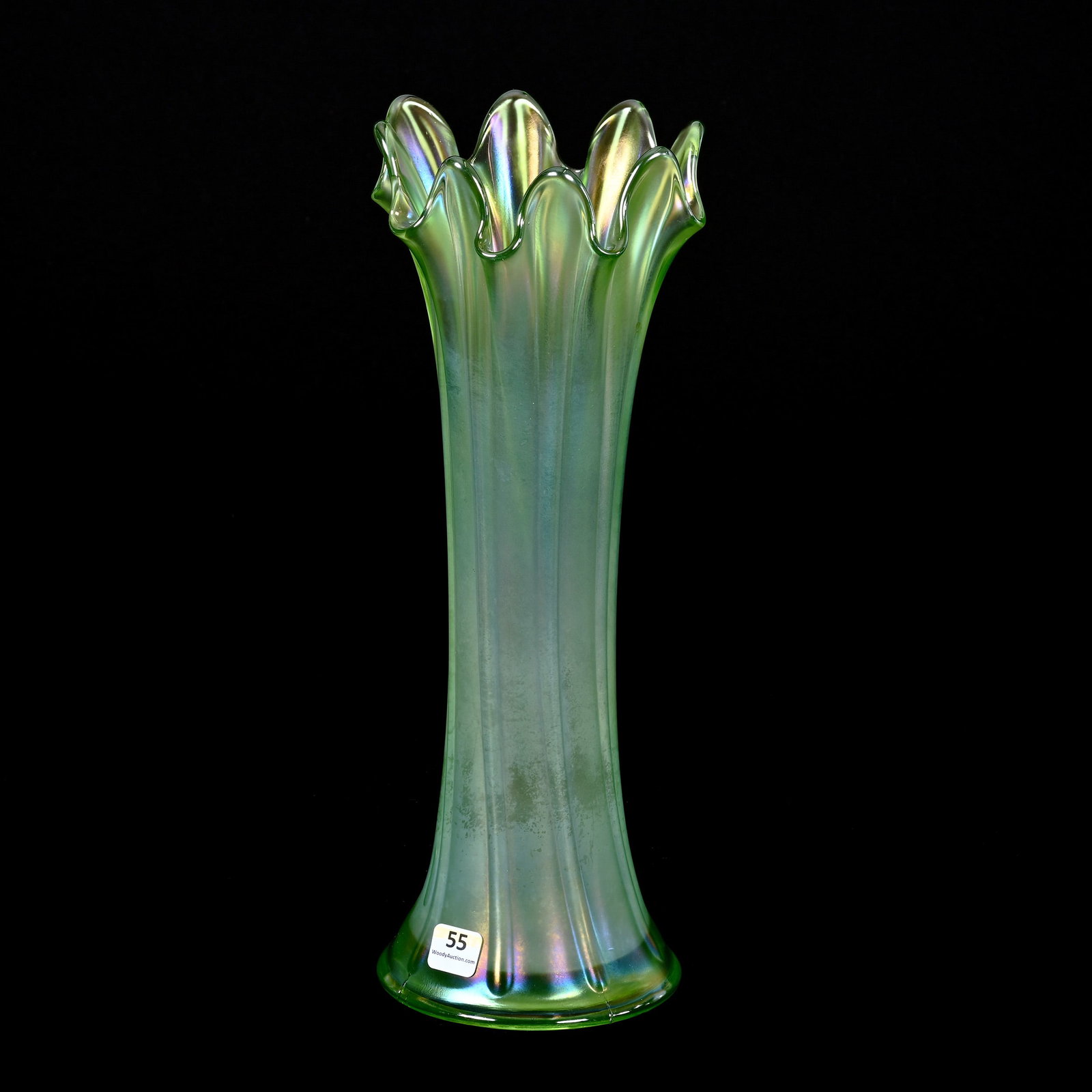 Vase, Carnival Glass, Thin Rib By Northwood: Vase, Carnival Glass, Thin Rib By Northwood, 13.5" x 5", Ice Green, Mid-Size, Base Diameter Of 4.75", Kansas Private Collection.