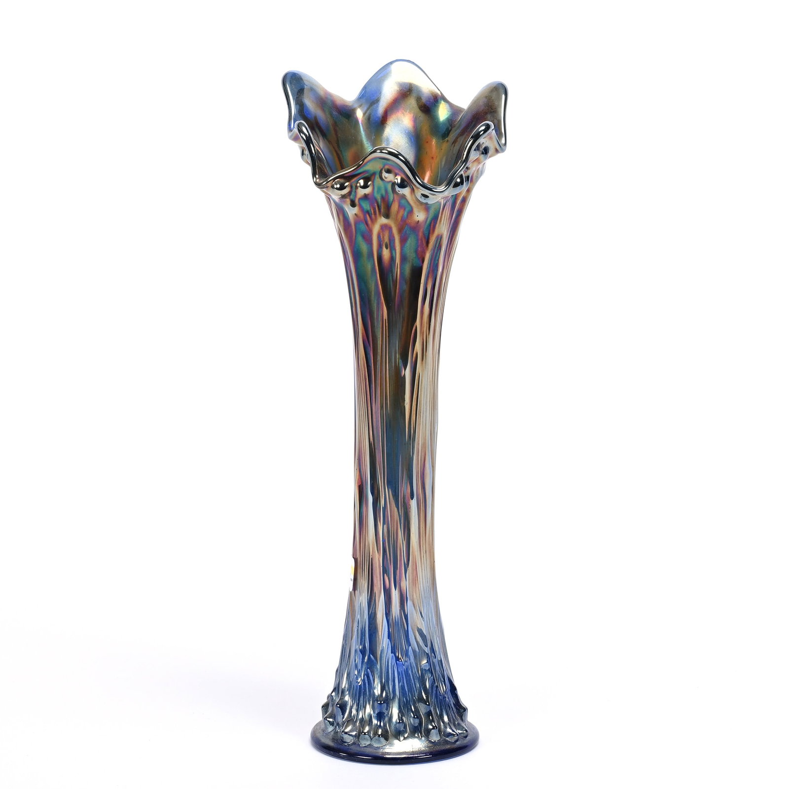 Vase, Carnival Glass, April Showers By Fenton: Vase, Carnival Glass, April Showers By Fenton, 13.75" x 4.75", Blue, Base Diameter Of 3.5", Nick On Side Of Vase, Kansas Private Collection.