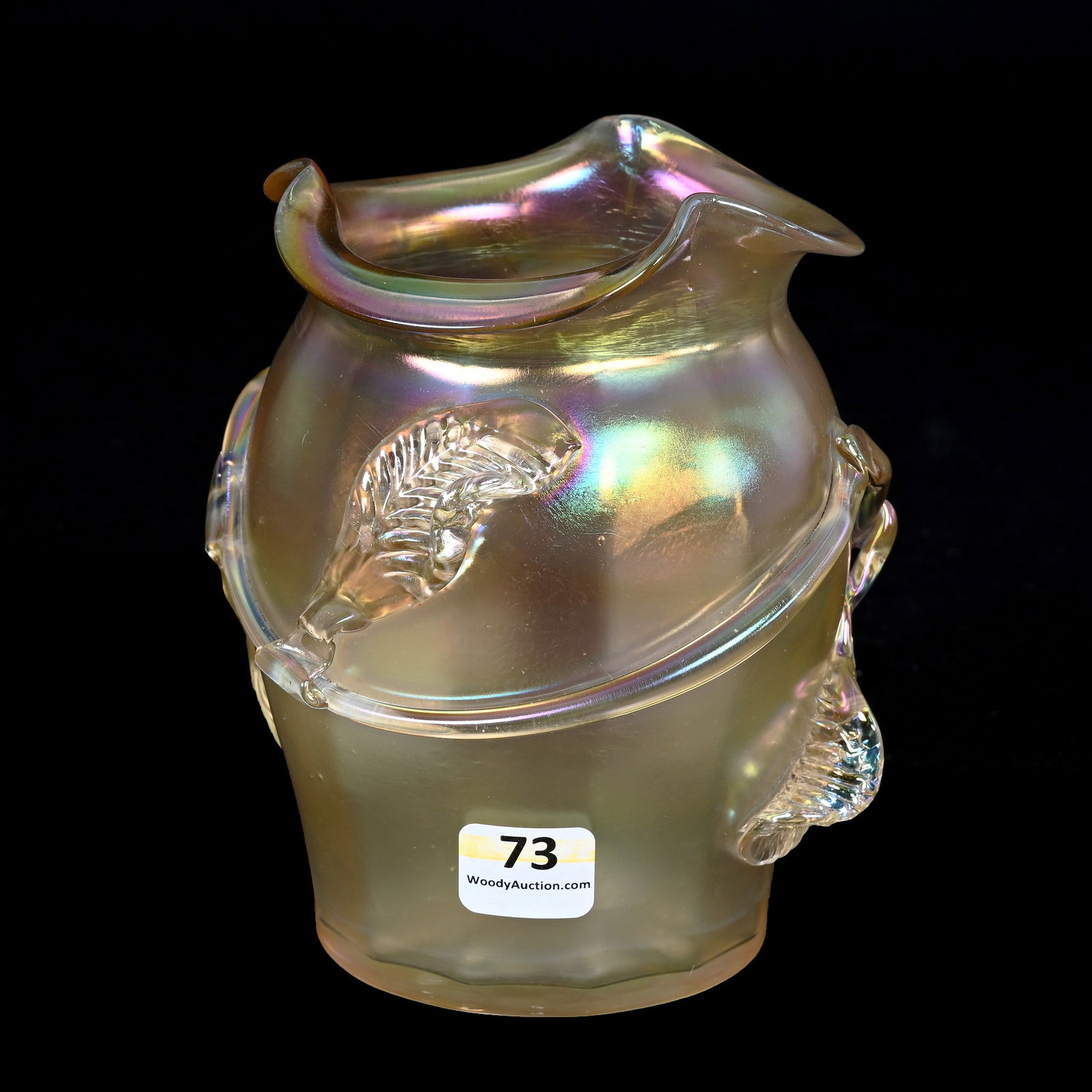 Vase, Unmarked Bohemian Art Glass: Vase, Unmarked Bohemian Art Glass, 5.5" x 5", Iridescent Frosted White/Gold With Applied Branch And Leaf Decor, Polished Pontil Base, Kansas Private Collection.