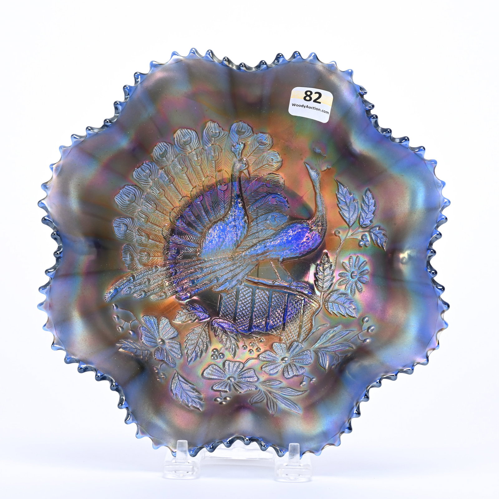 Bowl, Carnival Glass, Northwood Peacocks: Bowl, Carnival Glass, Northwood Peacocks, 8.5", Blue, Ribbed Exterior, Kansas Private Collection.