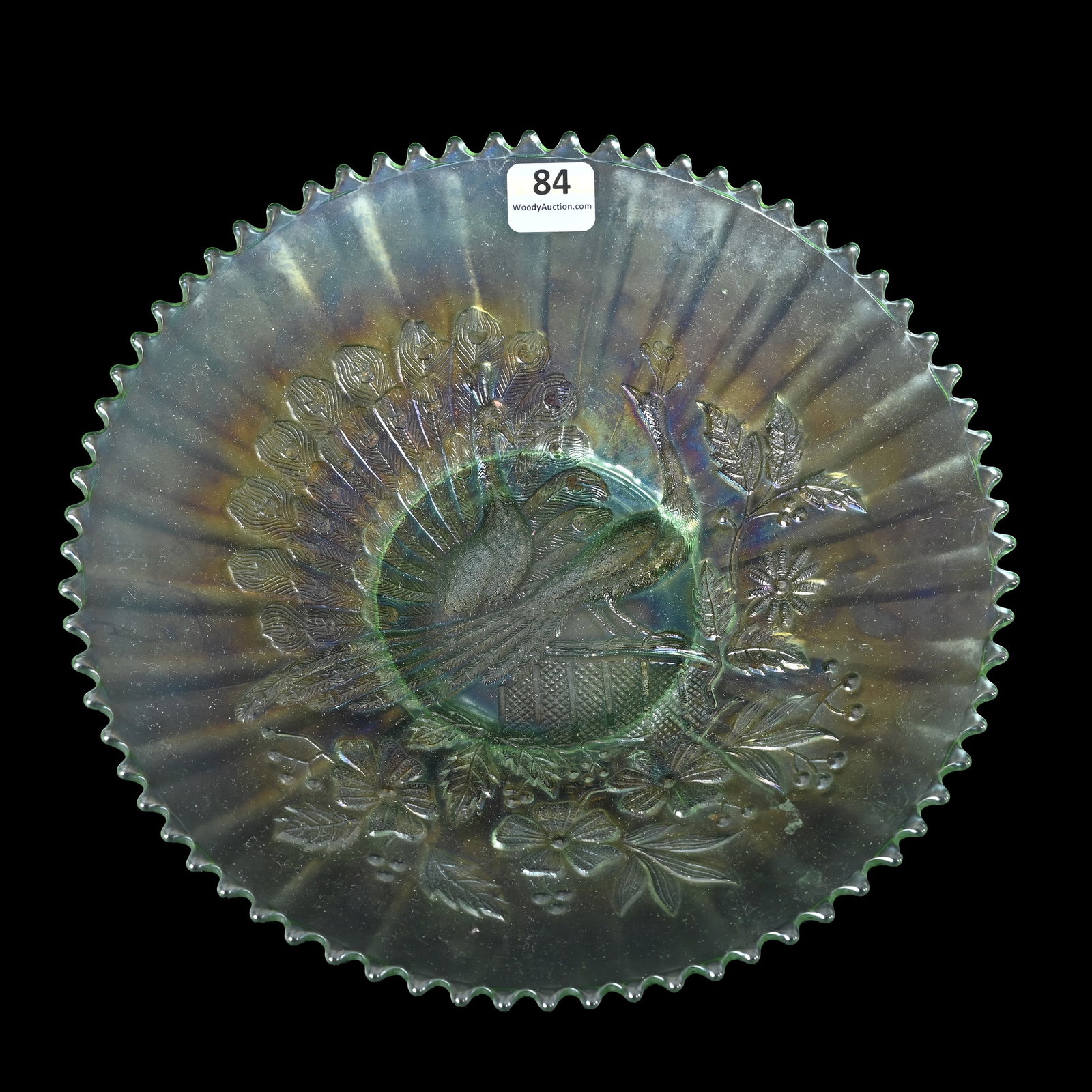 Plate, Carnival Glass, Northwood Peacocks: Plate, Carnival Glass, Northwood Peacocks, 9.25", Ice Green, Ribbed Exterior, Kansas Private Collection.