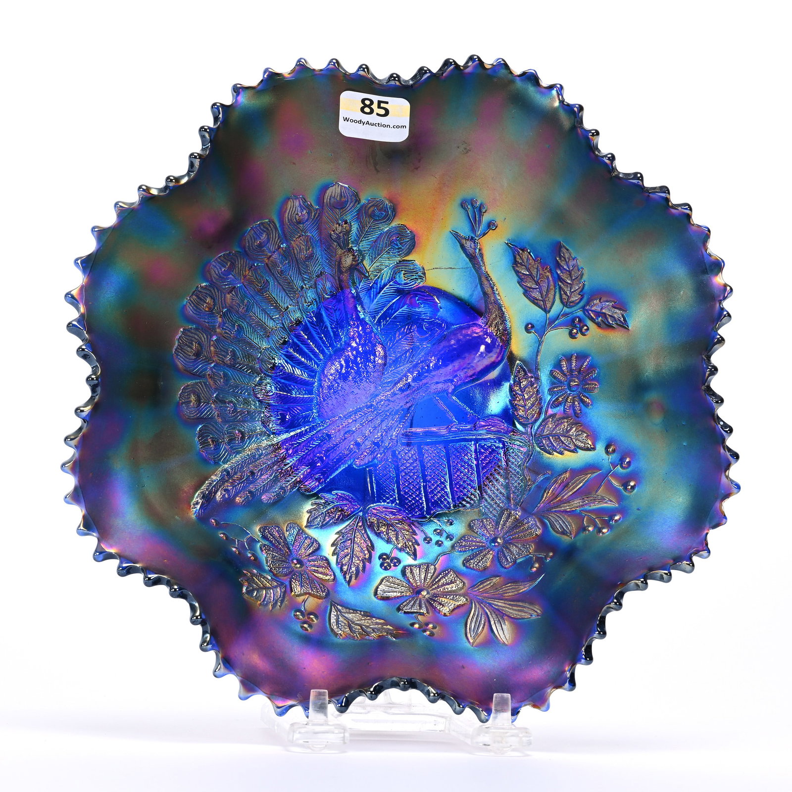Bowl, Carnival Glass, Northwood Peacocks: Bowl, Carnival Glass, Northwood Peacocks, 8.75", Blue, Ribbed Exterior, Kansas Private Collection.