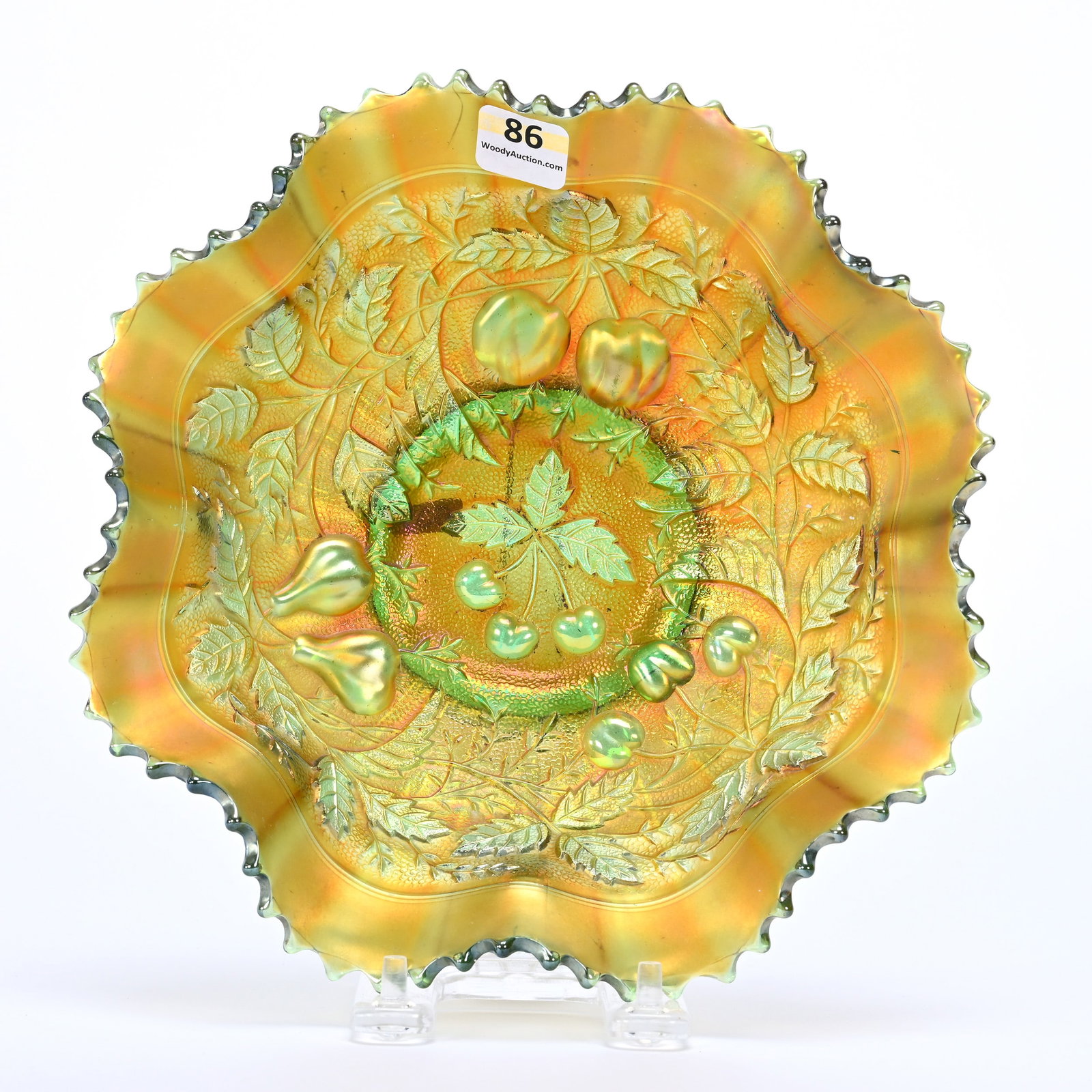 Bowl, Carnival Glass, Three Fruits By Northwood: Bowl, Carnival Glass, Three Fruits By Northwood, 8.75", Green, Stippled, Ribbed Exterior, Kansas Private Collection.