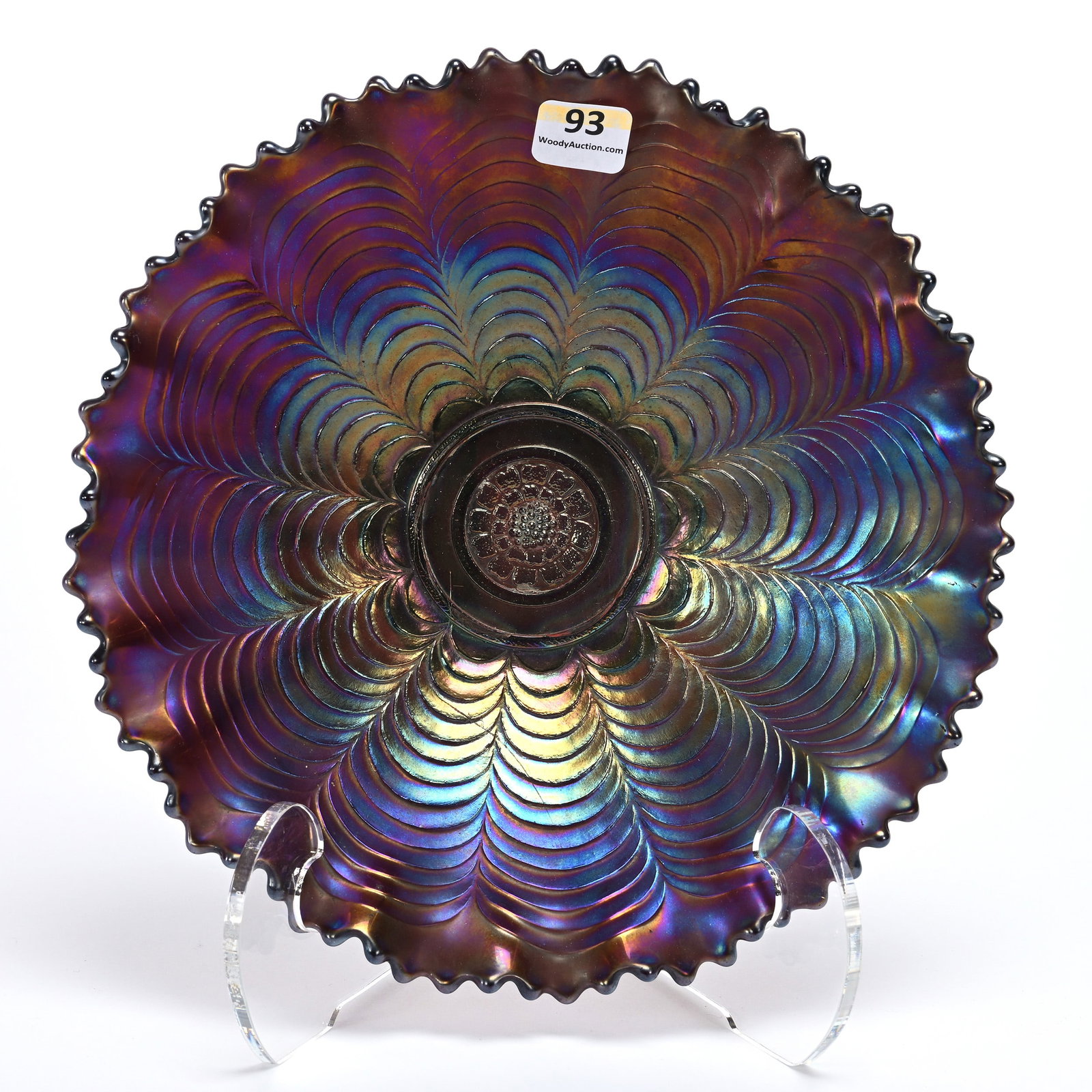 Bowl, Carnival Glass, Nippon By Northwood: Bowl, Carnival Glass, Nippon By Northwood, 9", Amethyst, Pie Crust Edge, Ribbed Exterior, Kansas Private Collection.