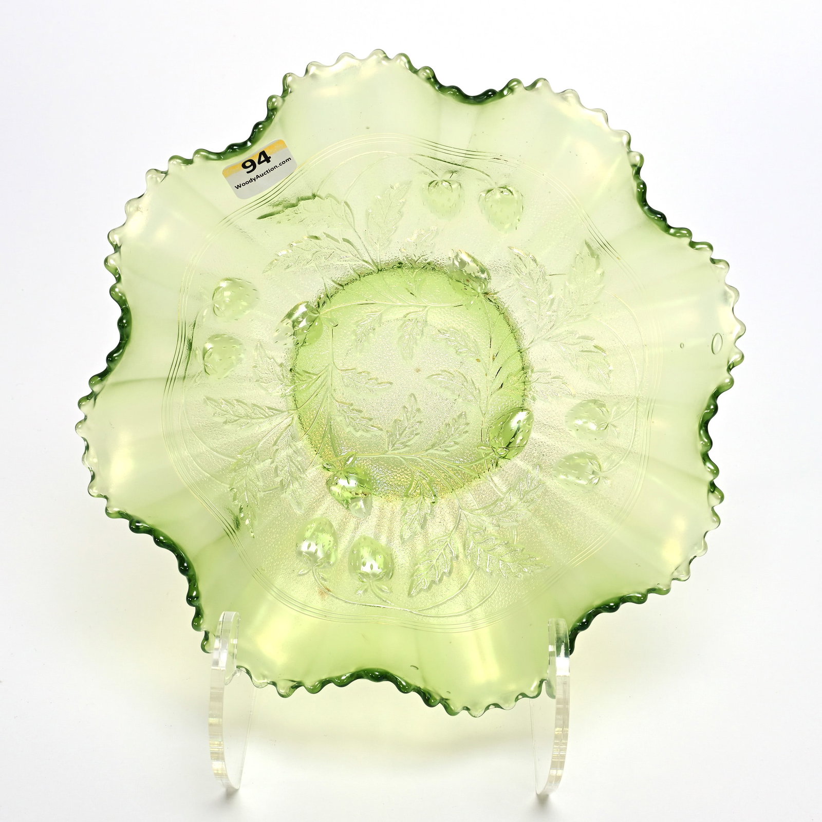 Bowl, Carnival Glass, Strawberry By Northwood: Bowl, Carnival Glass, Strawberry By Northwood, 8.75", Ice Green, Stippled, Ribbed Exterior, Kansas Private Collection.