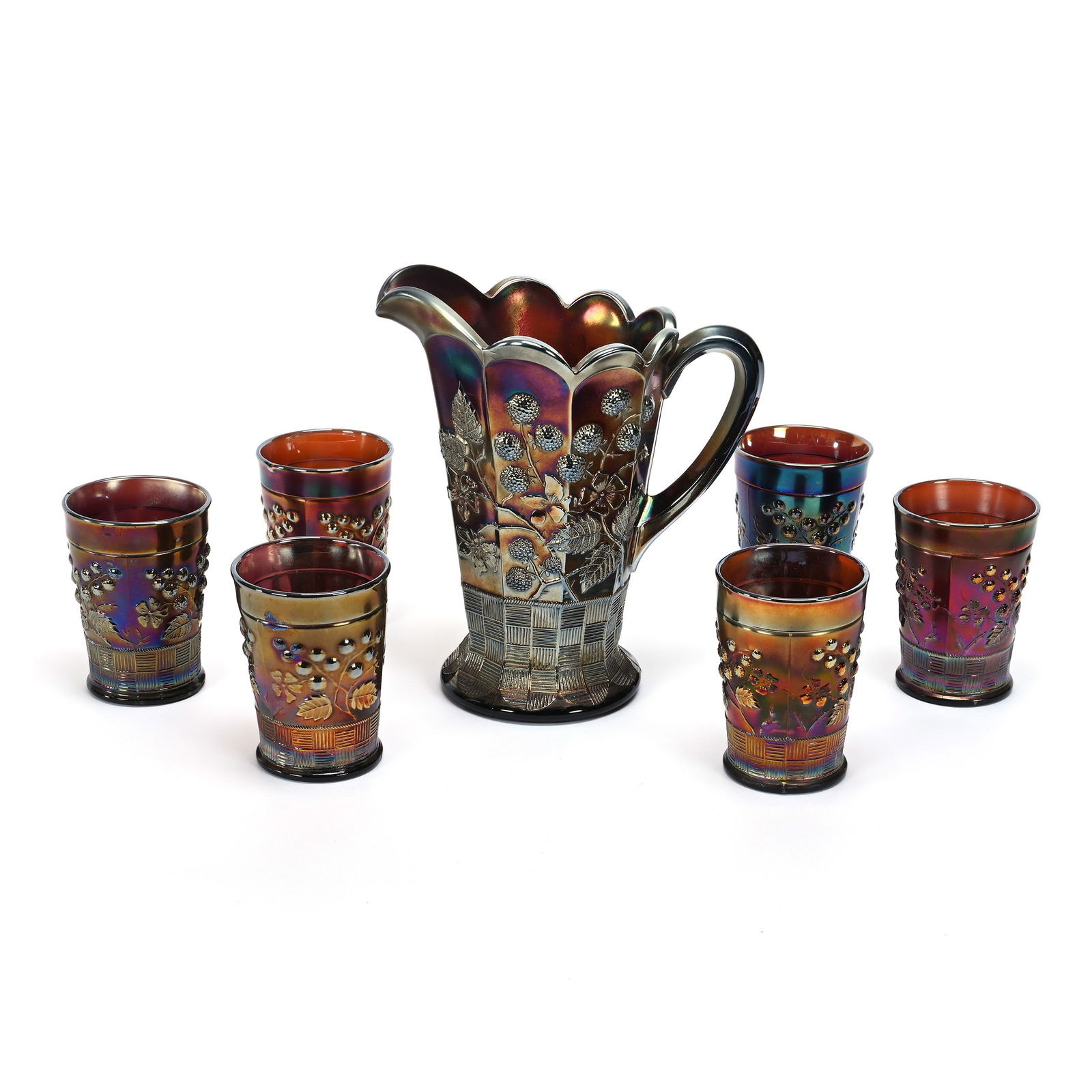 Water Set, Carnival Glass, Raspberry By Northwood (1 of 5)