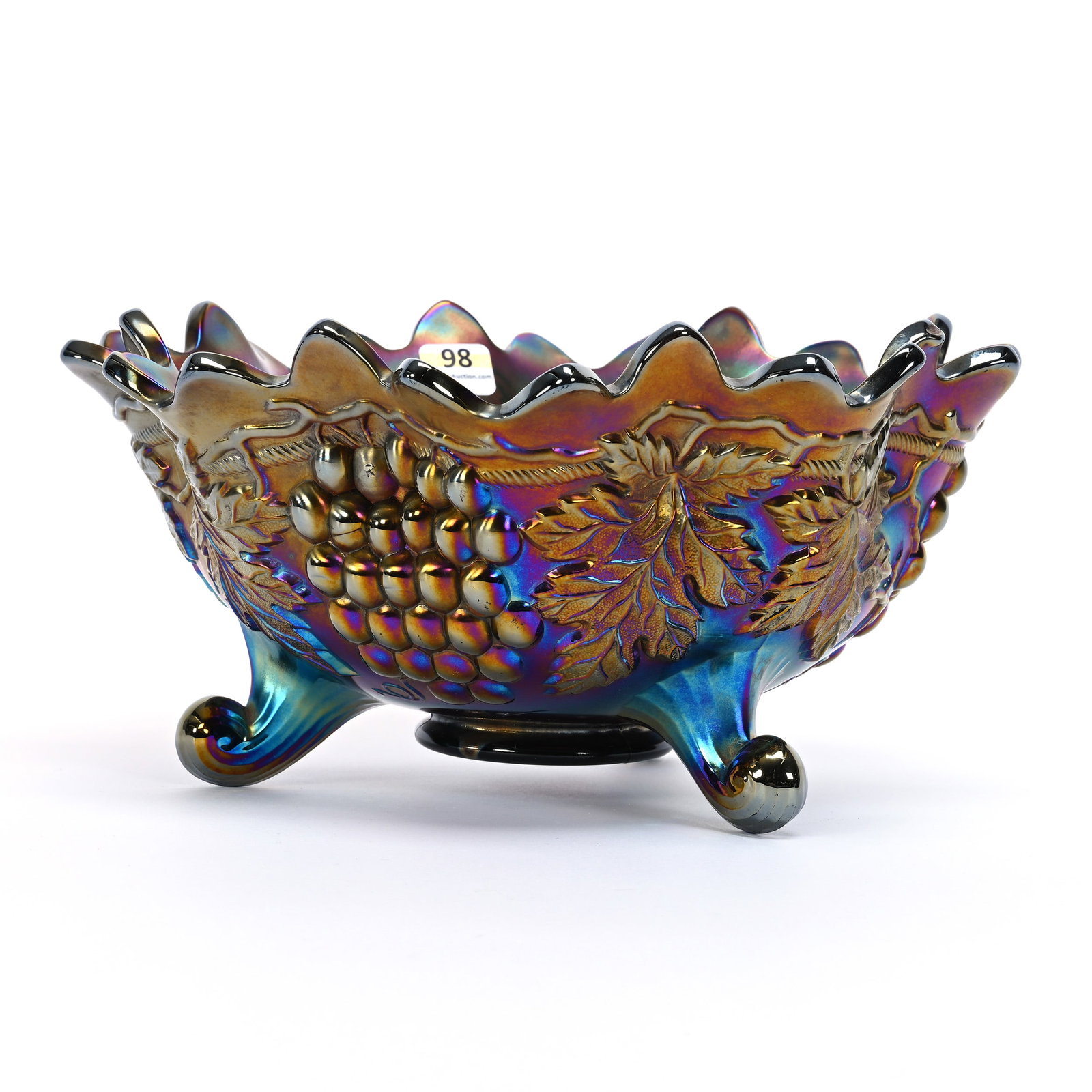 Fruit Bowl, Carnival Glass, Northwood Grape & Cable: Fruit Bowl, Carnival Glass, Northwood Grape & Cable, 5.25" x 10.5", Amethyst, Three Footed, Kansas Private Collection.