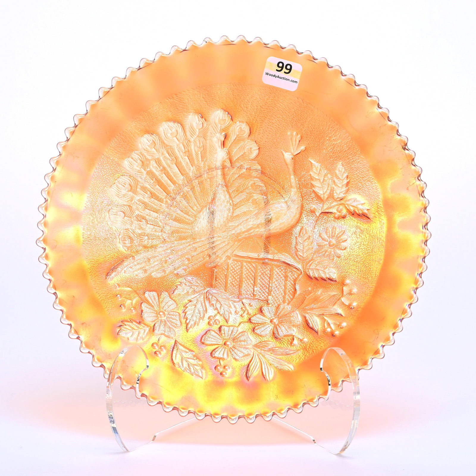 Plate, Carnival Glass, Northwood Peacocks: Plate, Carnival Glass, Northwood Peacocks, 9.25", Marigold, Stippled, Ribbed Exterior, Nice Iridescence, Kansas Private Collection.