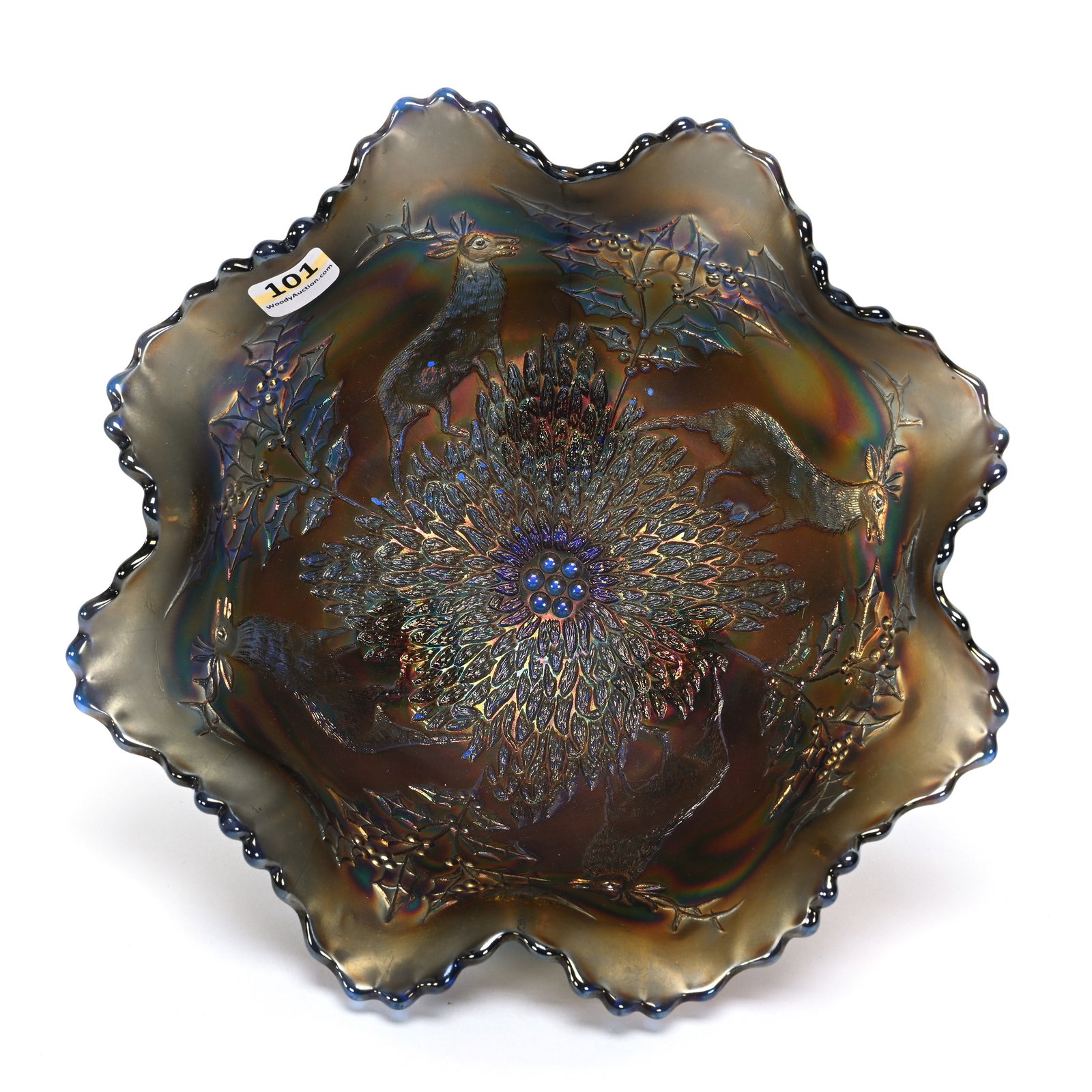 Fruit Bowl, Carnival Glass, Stag & Holly By Fenton: Fruit Bowl, Carnival Glass, Stag & Holly By Fenton, 4.75" x 9.5", Blue, Base Chip, Kansas Private Collection.