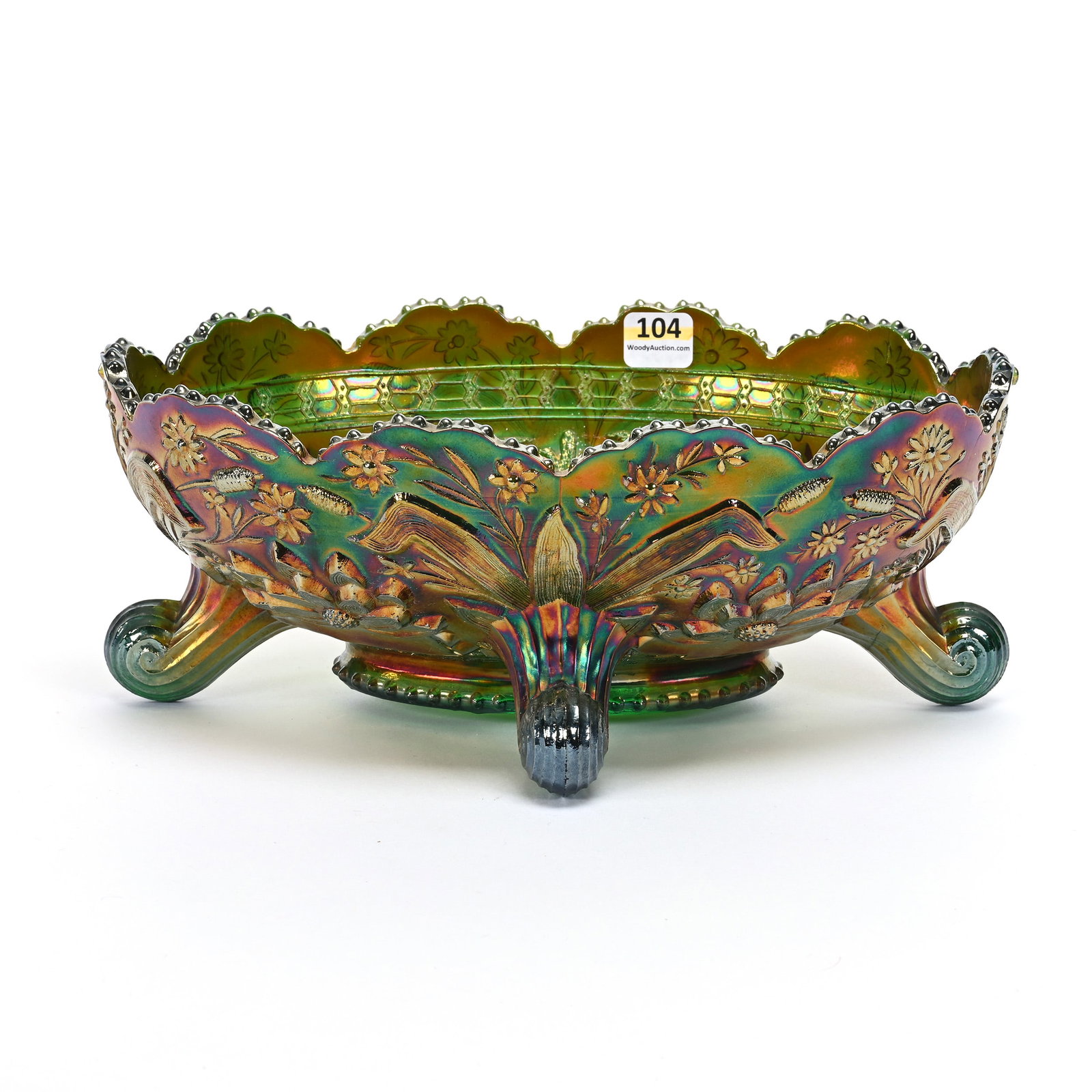Banana Bowl, Carnival Glass, Waterlily & Cattails: Banana Bowl, Carnival Glass, Waterlily & Cattails, 4.25" x 10.5" x 7.5", By Fenton, Green, Very Good Iridescence, Kansas Private Collection.