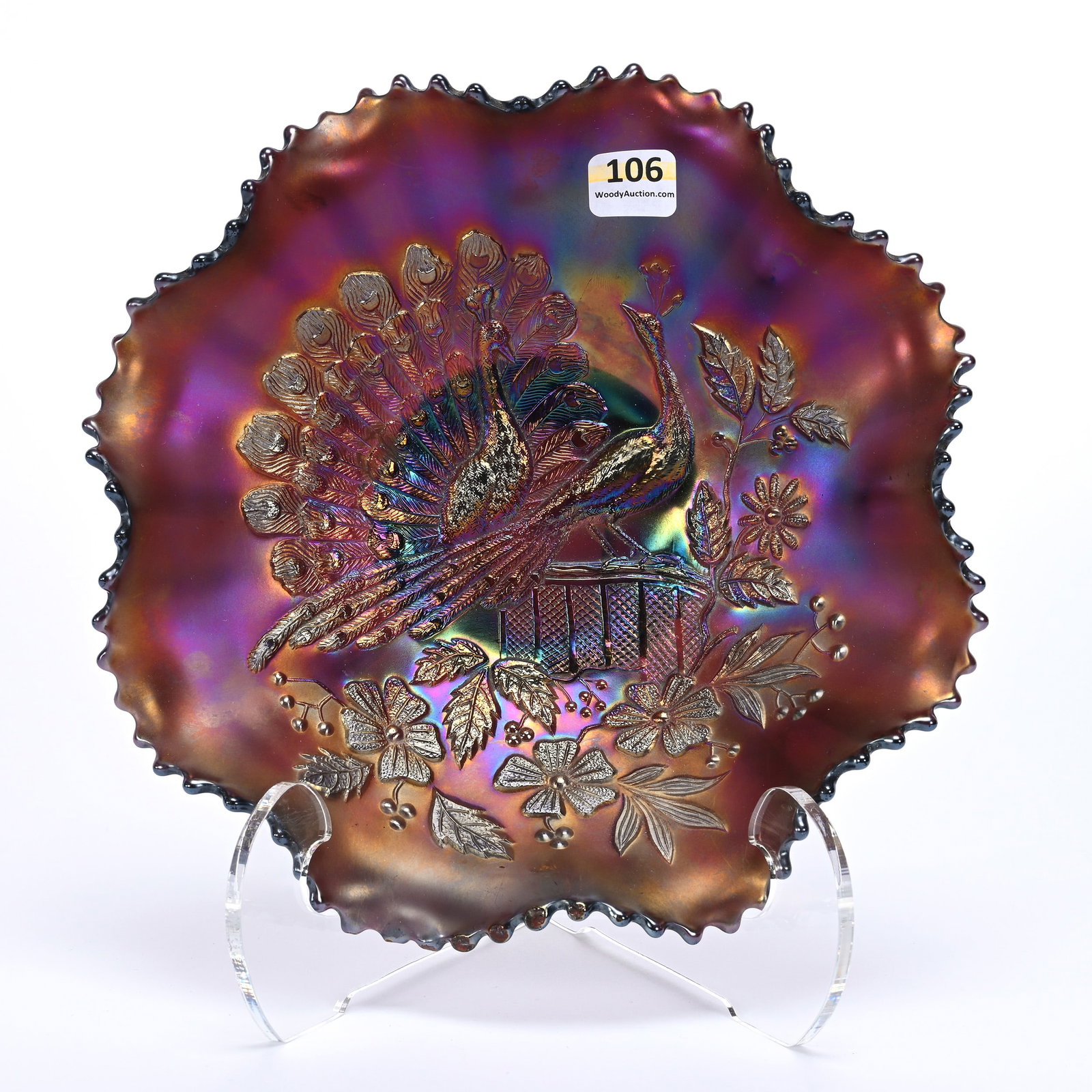 Bowl, Carnival Glass, Northwood Peacocks: Bowl, Carnival Glass, Northwood Peacocks, 8.75", Purple, Ribbed Exterior, Kansas Private Collection.