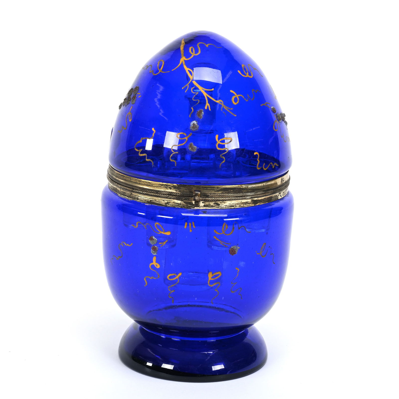 Communion/Wine Set, Cobalt Blue Hinged Container: Communion/Wine Set, Cobalt Blue Hinged Container, 9.5" x 5.5", Egg-Shaped, Art Glass With Enamel Branch And Coralene Highlights, Opens To Reveal Liqueur Decanter And Six Glasses, Collection Of Frank &