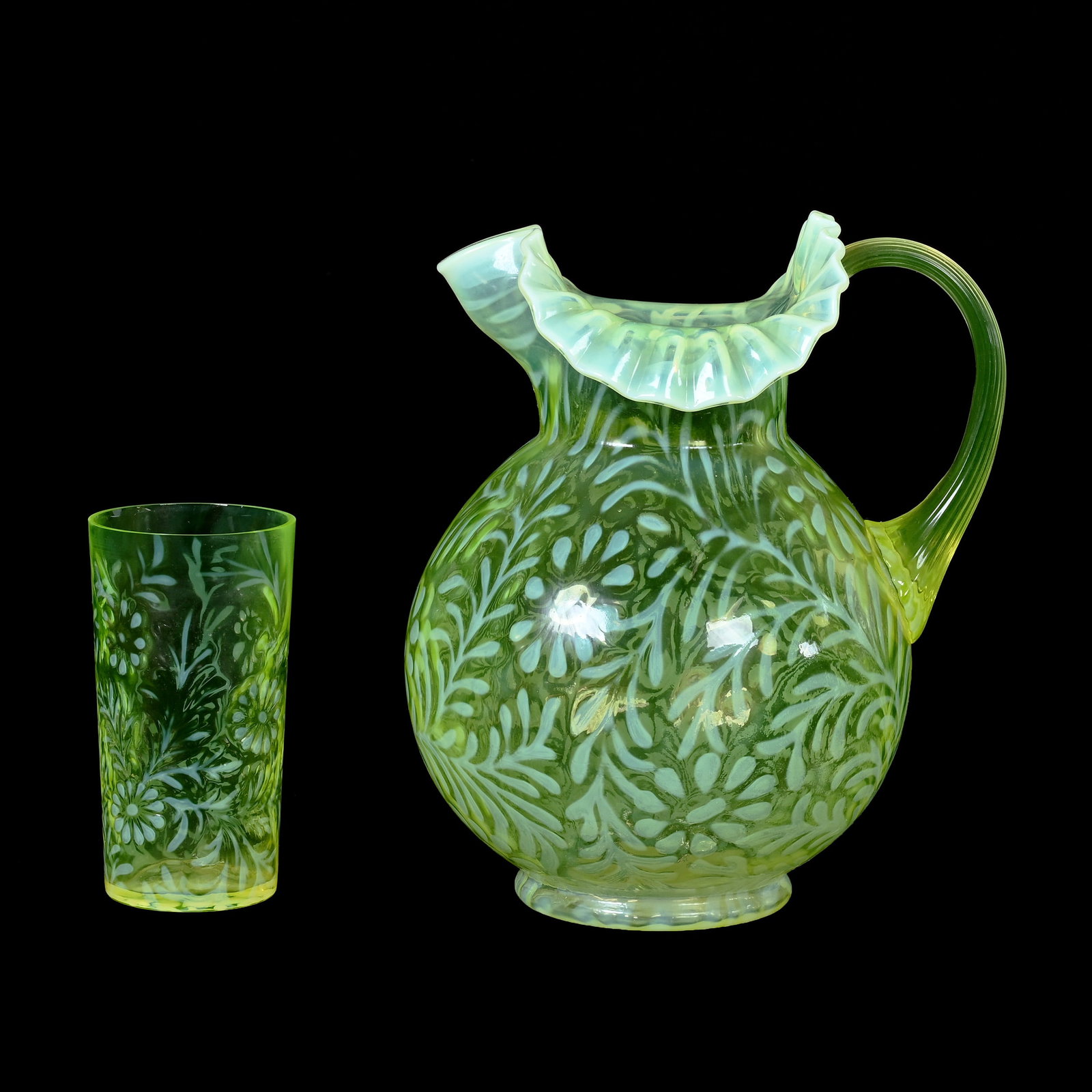Pitcher & Tumbler, Vaseline Opalescent Daisy & Fern: Pitcher & Tumbler, Vaseline Opalescent Daisy & Fern, By Fenton, (1) 9.5" x 7.5", (1) 5.25" Tumbler, Highly Reactive Under Black Light, Collection Of Frank & Melissa Keathley, Top Shelf Antiques Of Tex
