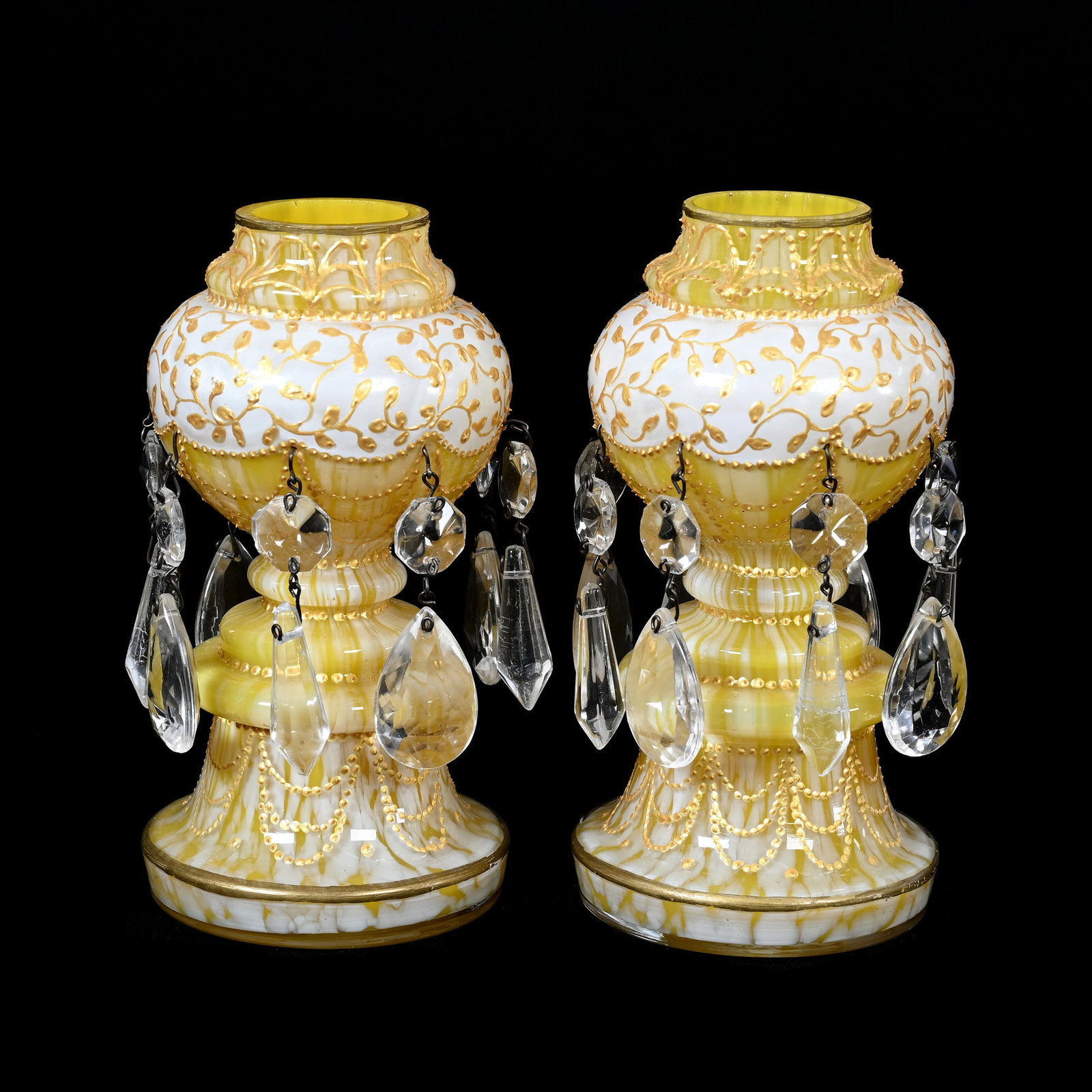 Pair Miniature Candle Lusters, Cased: Pair Miniature Candle Lusters, Cased, 5.25" x 2.75", Yellow And White Mottled Design, Enamel Decorative Decor, Clear Jewel Prisms, Collection Of Frank & Melissa Keathley, Top Shelf Antiques Of Texas, 