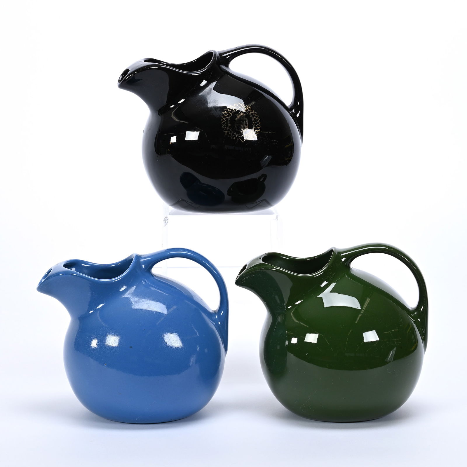 (3) Ball Pitchers By Hall Pottery, Model #633: (3) Ball Pitchers By Hall Pottery, Model #633, 7" x 8" Approximately, Blue, Dark Green And Black With Gold Stencil Medallion, Collection Of Frank & Melissa Keathley, Top Shelf Antiques Of Texas, The K