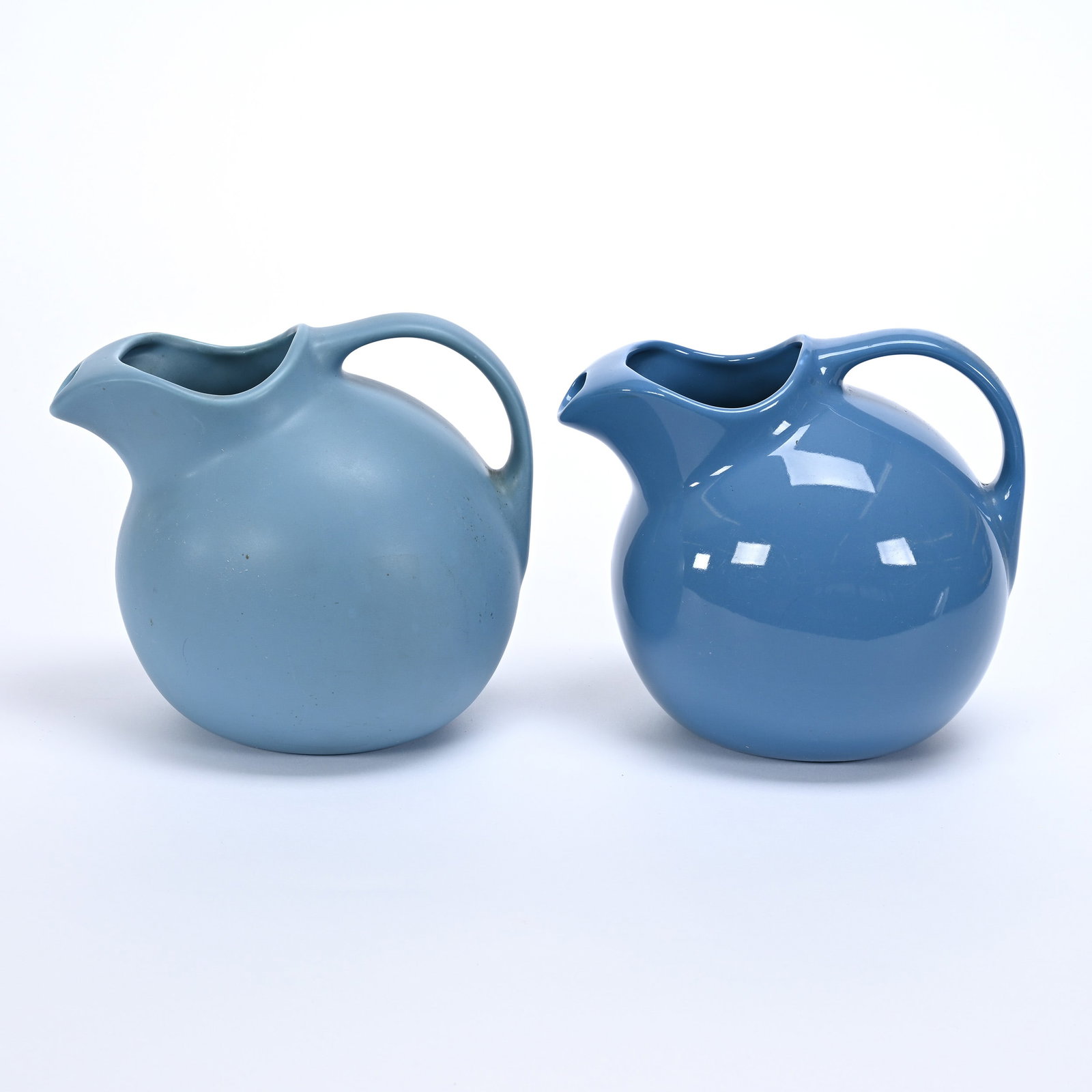 (2) Ball Pitchers By Hall Pottery, Model #633: (2) Ball Pitchers By Hall Pottery, Model #633, 7" x 8" Approximately, Blue Gloss And Blue Matte, Collection Of Frank & Melissa Keathley, Top Shelf Antiques Of Texas, The Keathley's Kept The Best Antiq