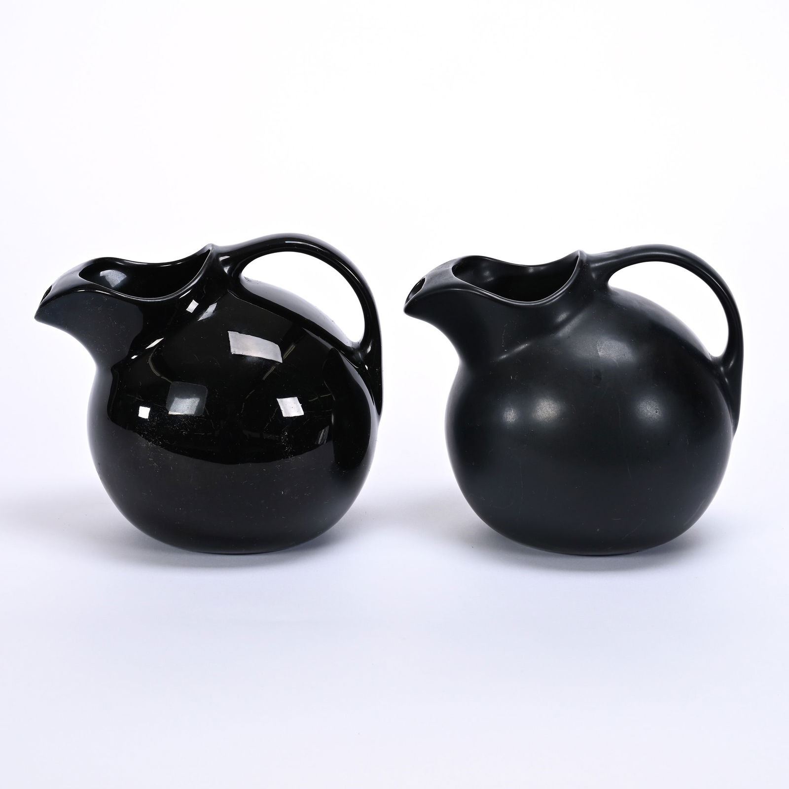 (2) Ball Pitchers By Hall Pottery, Model #633: (2) Ball Pitchers By Hall Pottery, Model #633, 7" x 8" Approximately, Black Gloss And Black Matte, Collection Of Frank & Melissa Keathley, Top Shelf Antiques Of Texas, The Keathley's Kept The Best Ant