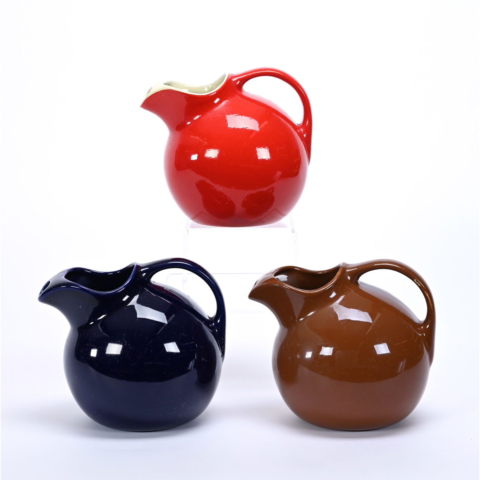 (3) Ball Pitchers By Hall Pottery, Model #633: (3) Ball Pitchers By Hall Pottery, Model #633, 7" x 8" Approximately, Red, Cobalt And Brown, Collection Of Frank & Melissa Keathley, Top Shelf Antiques Of Texas, The Keathley's Kept The Best Antiques