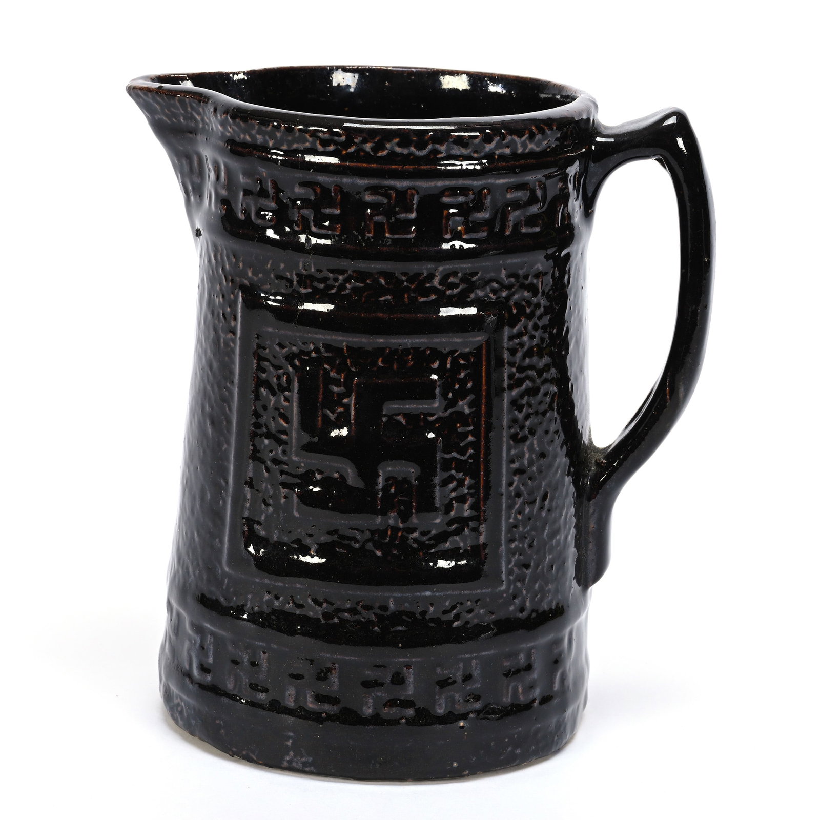 Pitcher, Brown Stoneware, Indian Swastika Design: Pitcher, Brown Stoneware, Indian Swastika Design, 8.25" x 7.5", Collection Of Frank & Melissa Keathley, Top Shelf Antiques Of Texas, The Keathley's Kept The Best Antiques They Found For Their Private