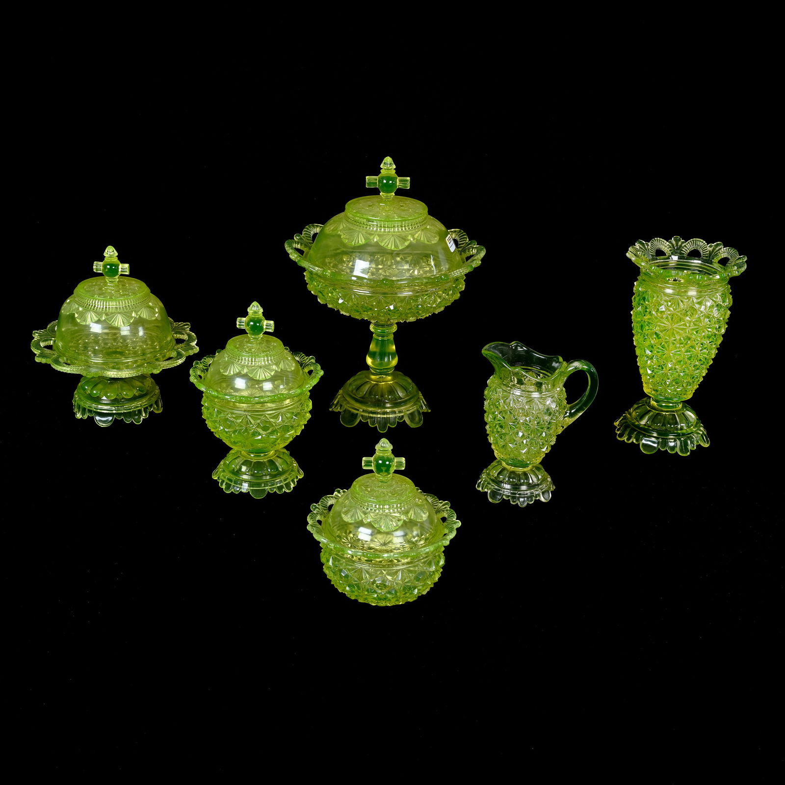 Table Set, Six Piece, Solid Vaseline Pattern Glass (1 of 7)