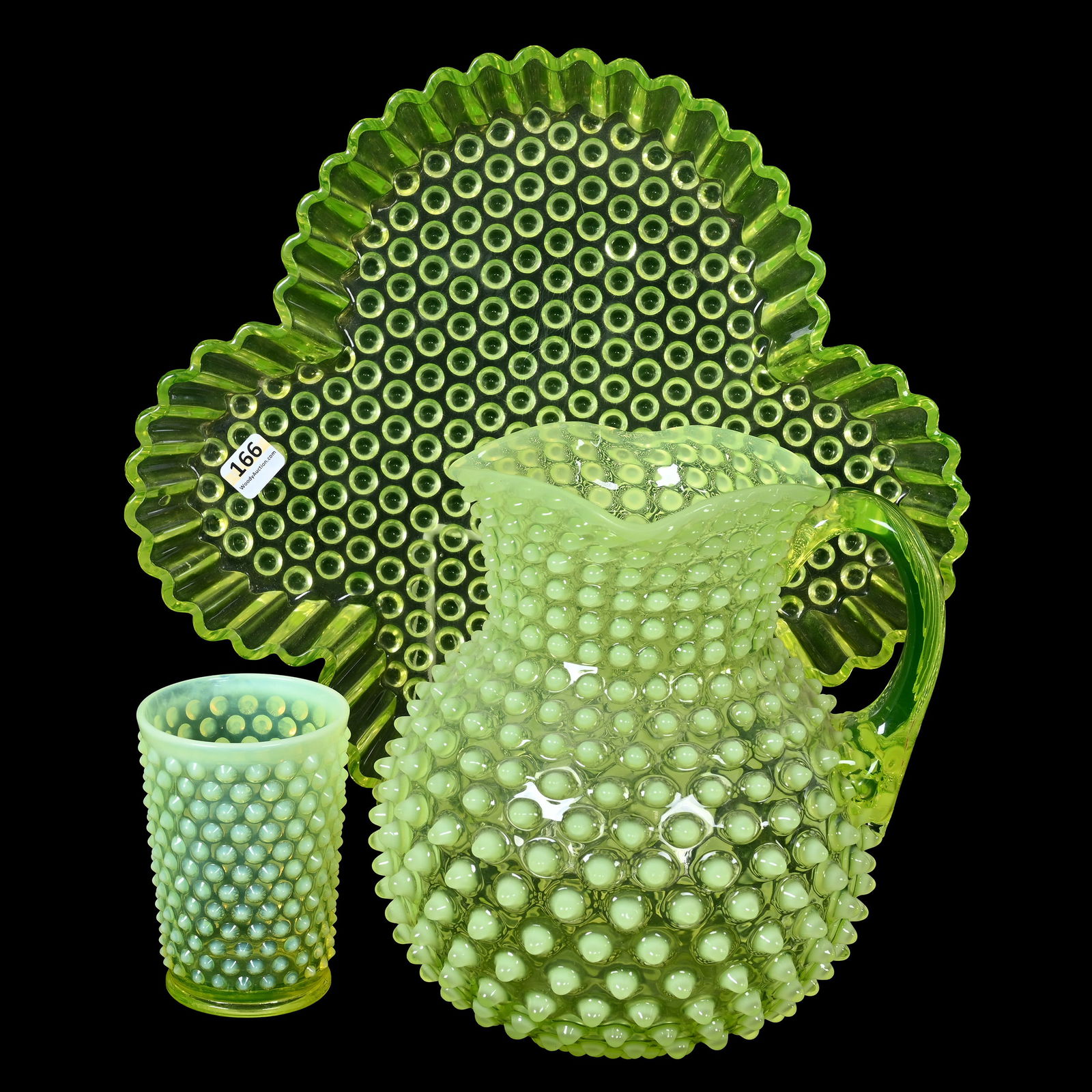 Set Of Pitcher, Glass & Tray, Vaseline Hobnail (1 of 5)