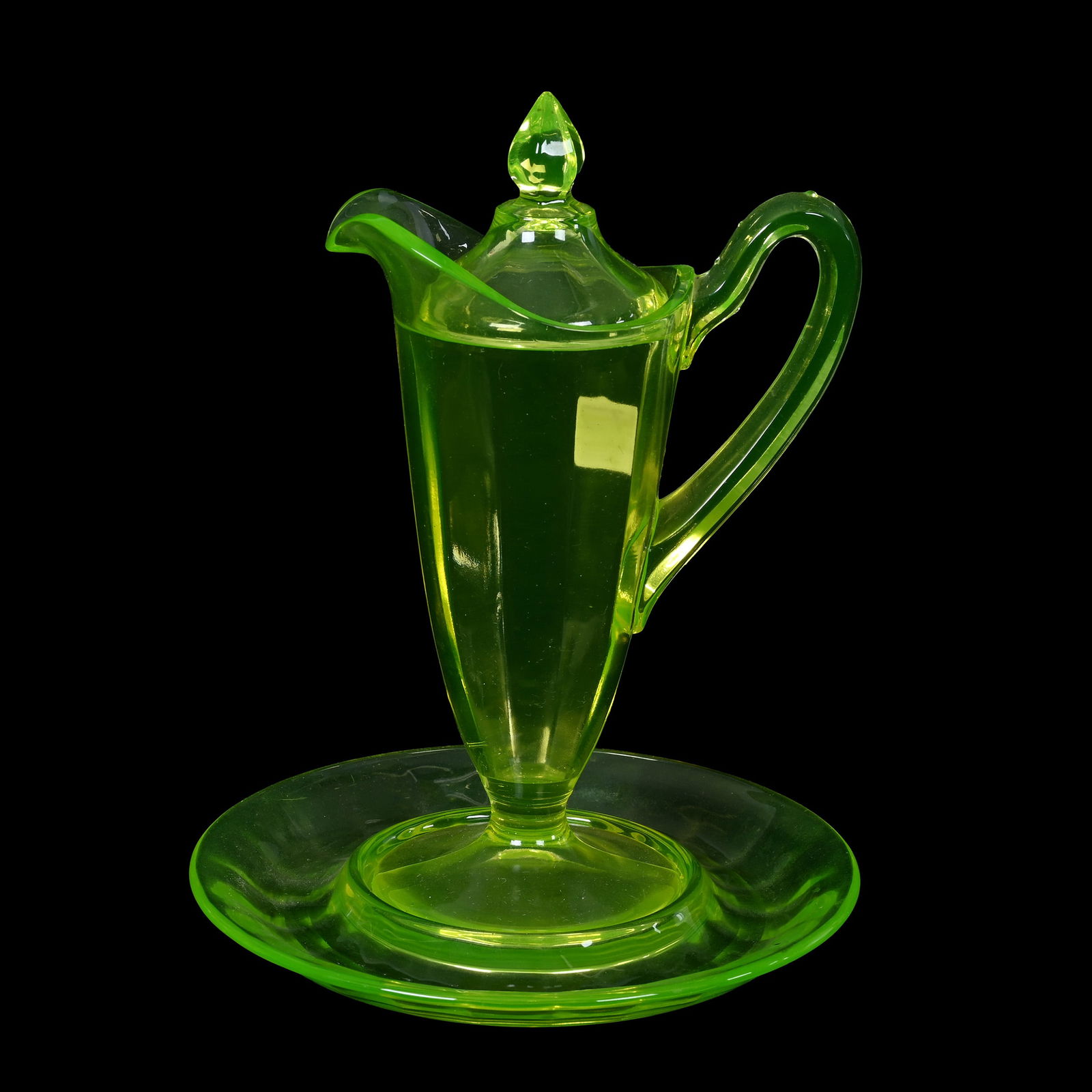 Covered Pitcher & Underplate, Solid Vaseline Glass (1 of 4)