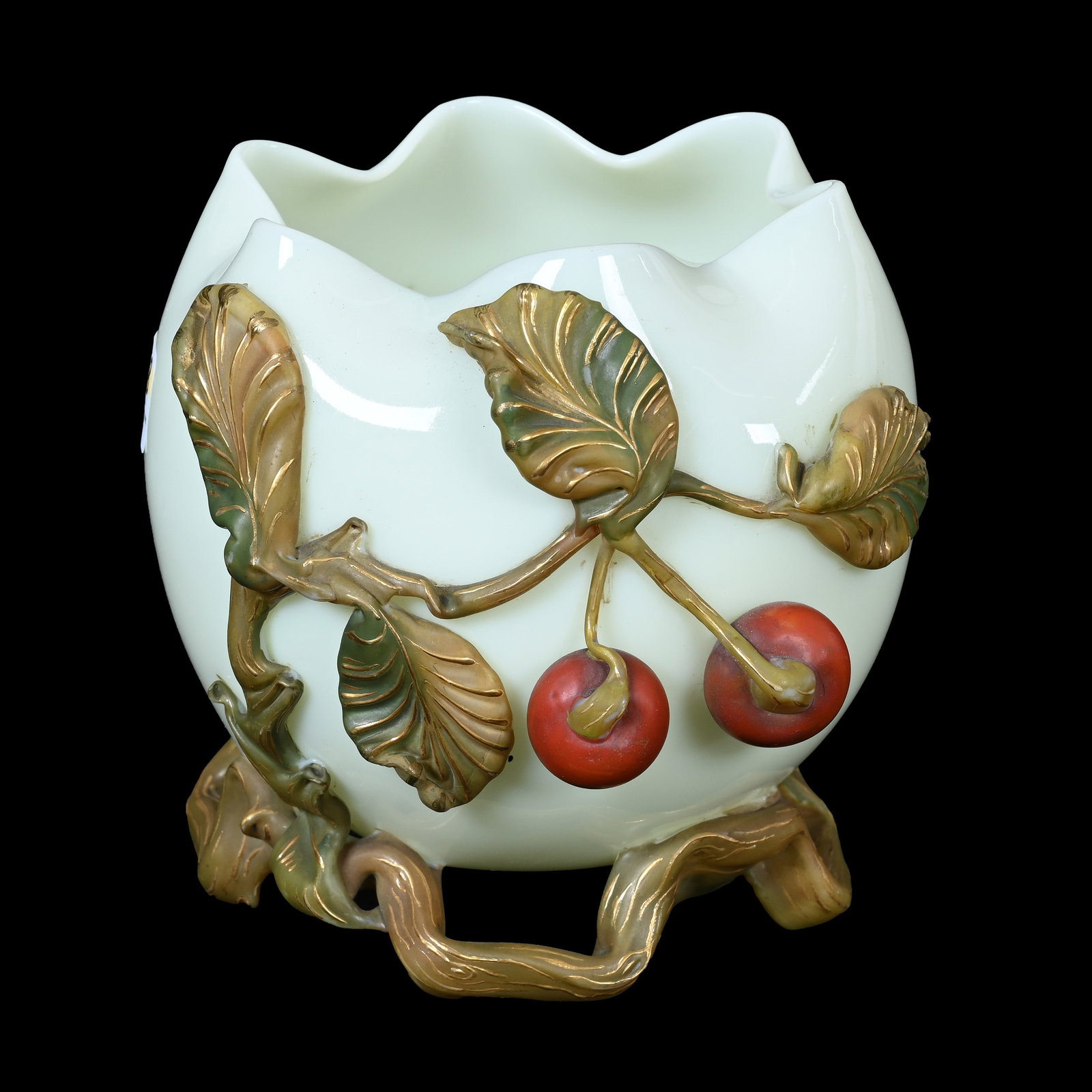 Vase, Rose Bowl Shape, Off-White Art Glass: Vase, Rose Bowl Shape, Off-White Art Glass, 5" x 5", Life-Like Branch And Cherry Decor, Stourbridge Quality, Body Is Highly Reactive Under Black Light, Collection Of Frank & Melissa Keathley, Top Shel